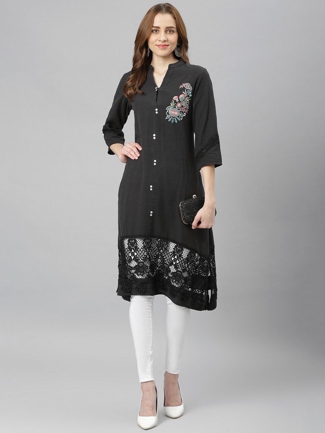 Lakshita Women Black Pure Cotton Floral Embroidered Kurta Price in India