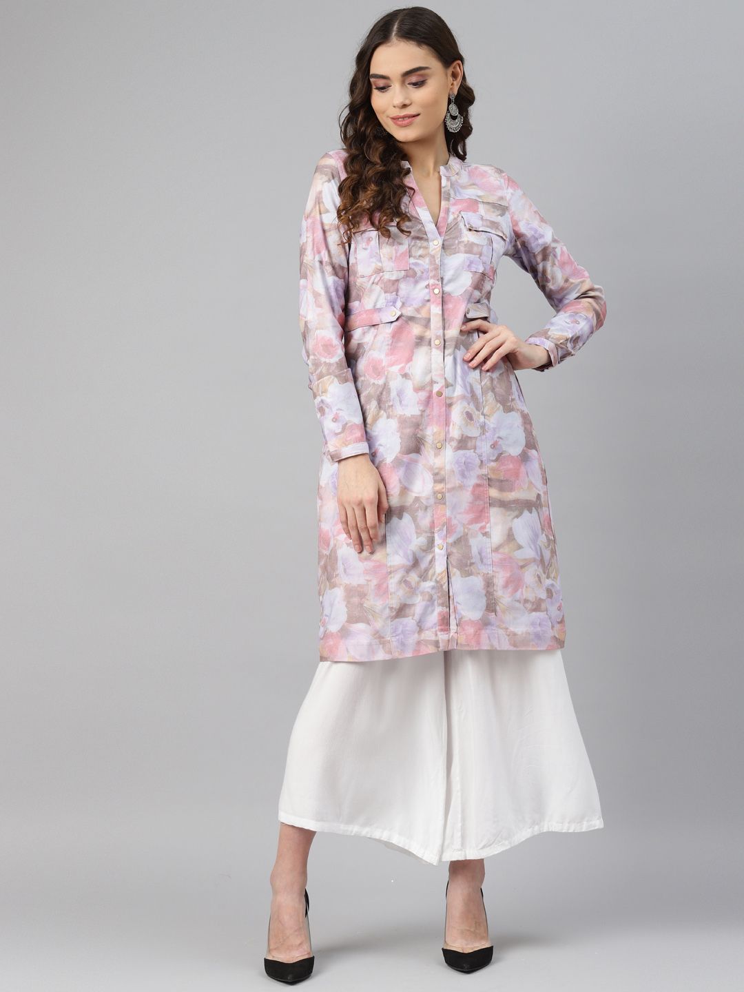 Lakshita Peach-Coloured & Blue Floral Printed Kurti Price in India