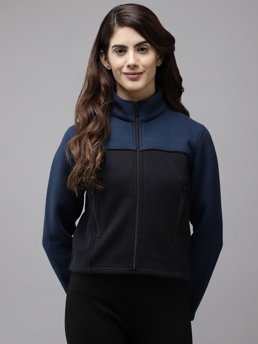 Cayman Women Navy Blue Colourblocked Sweatshirt Price in India
