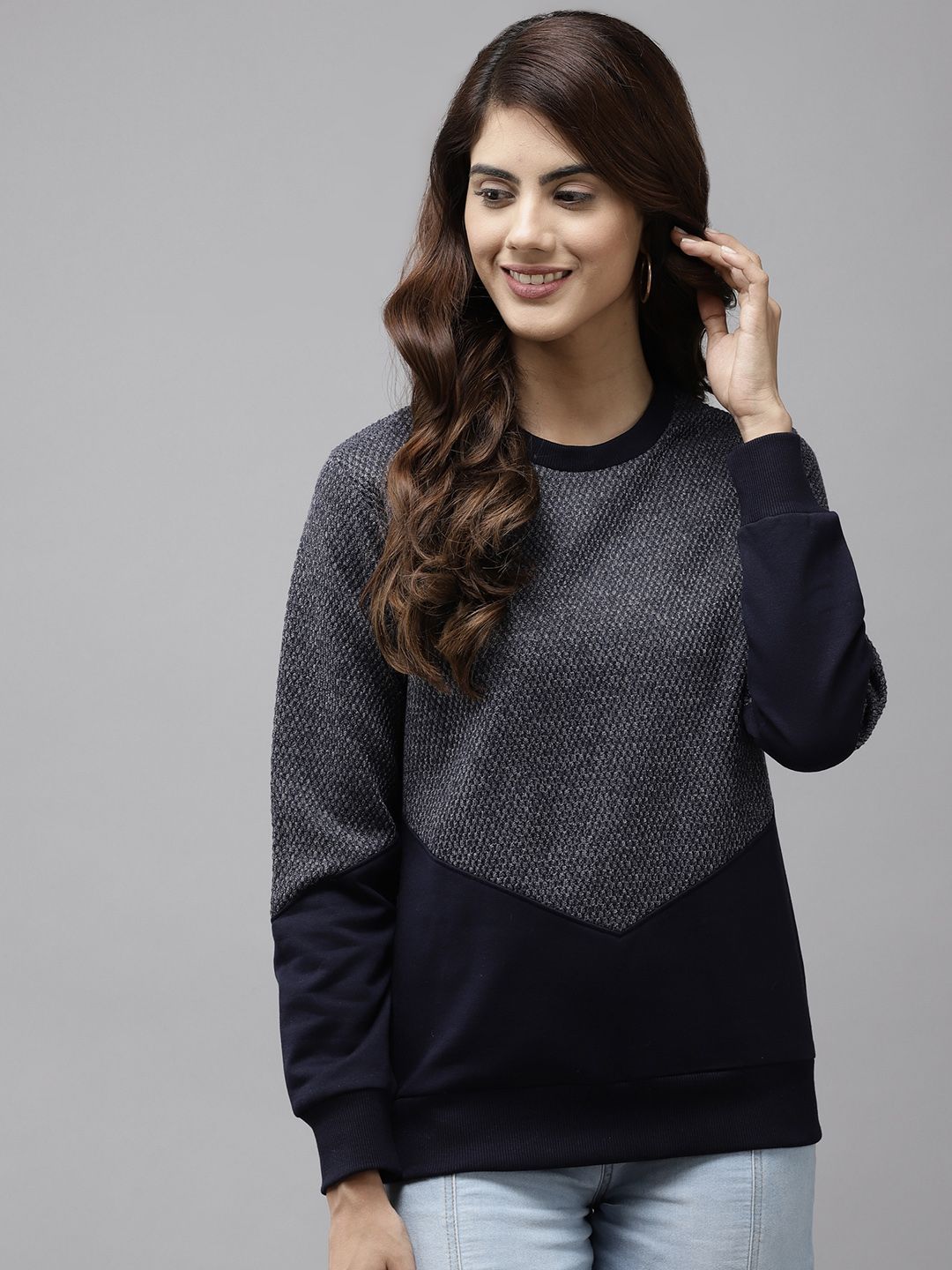 Cayman Women Navy Blue Colourblocked Sweatshirt Price in India