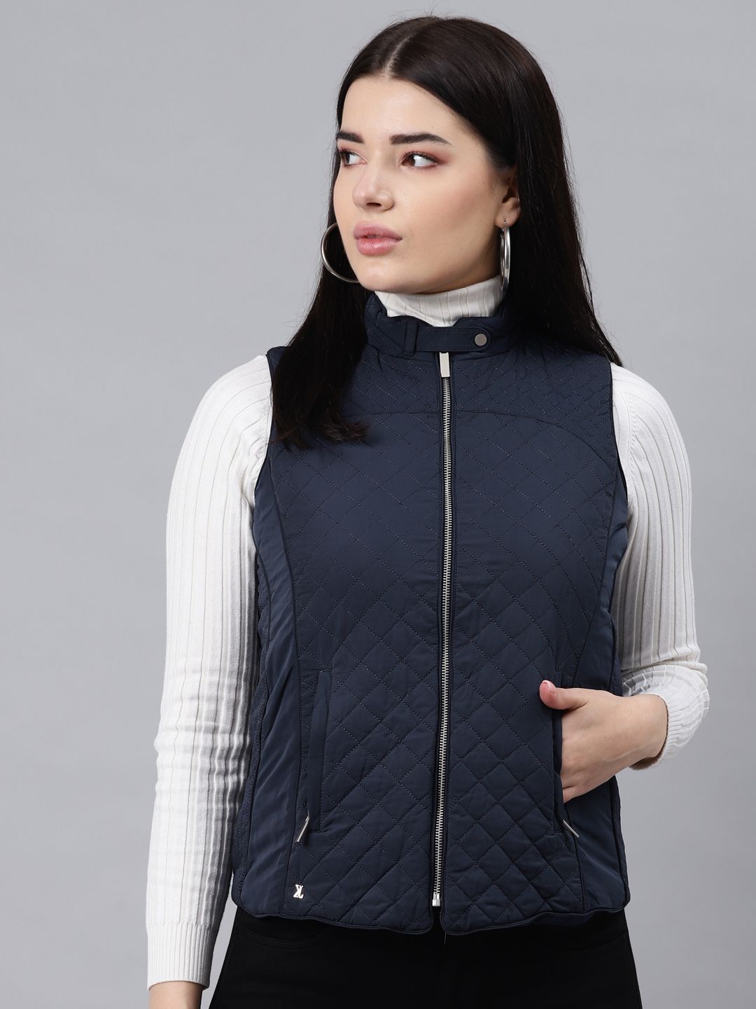 Lakshita Women Navy Blue Quilted Jacket Price in India