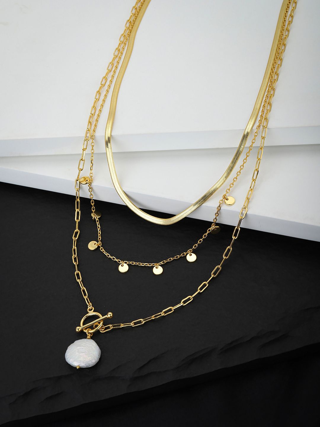 Carlton London Gold-Toned & White Brass Gold-Plated Layered Necklace Price in India