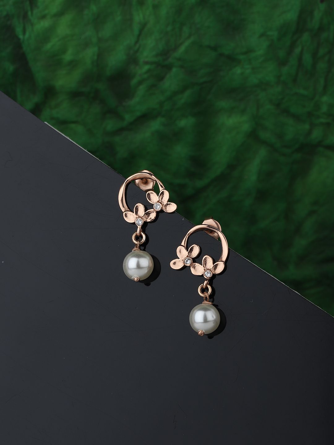 Carlton London White Rose Gold-Plated Pearl Beaded Drop Earrings Price in India
