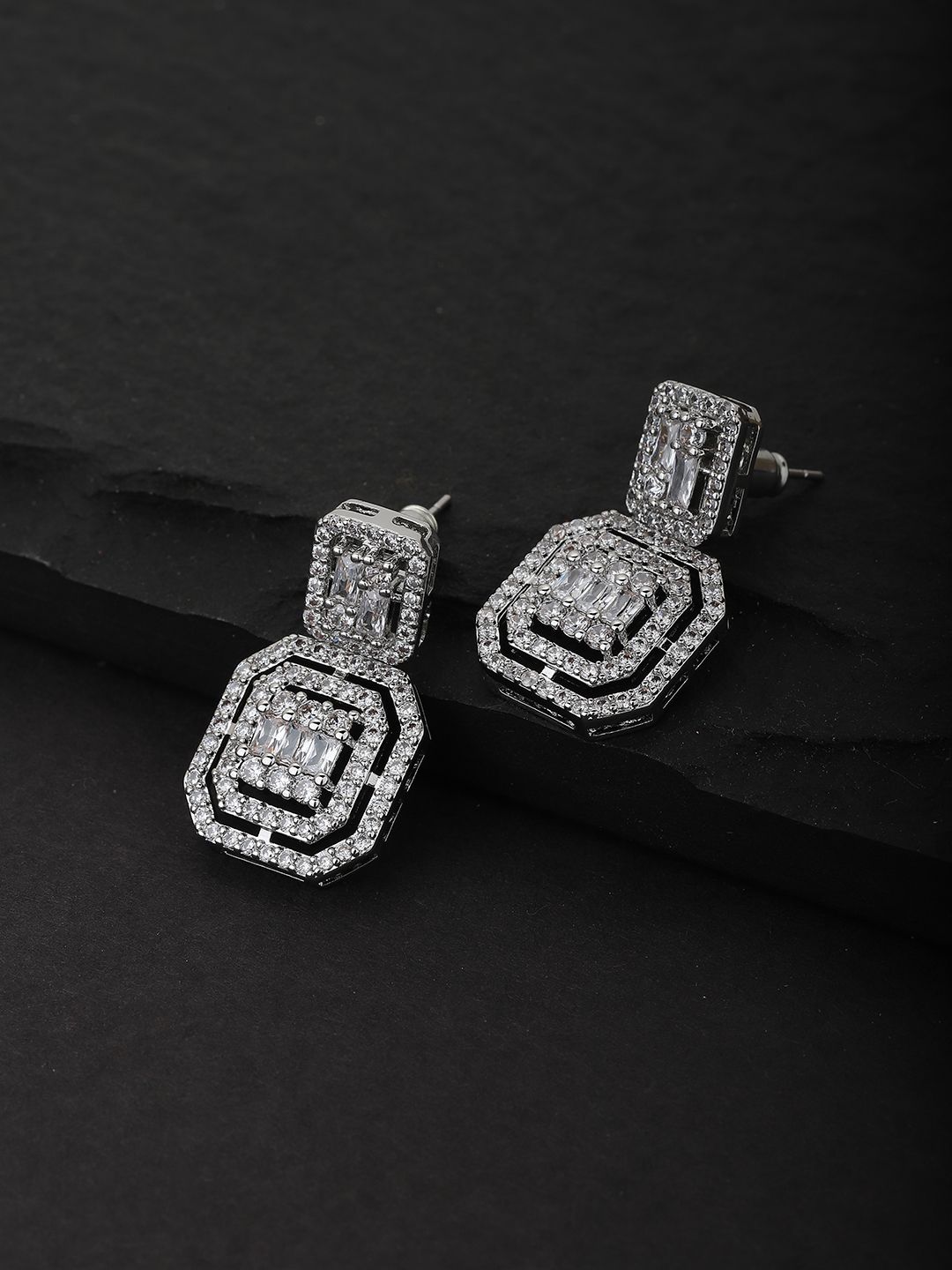 Carlton London Silver-Toned Rhodium-Plated Geometric Drop Earrings Price in India