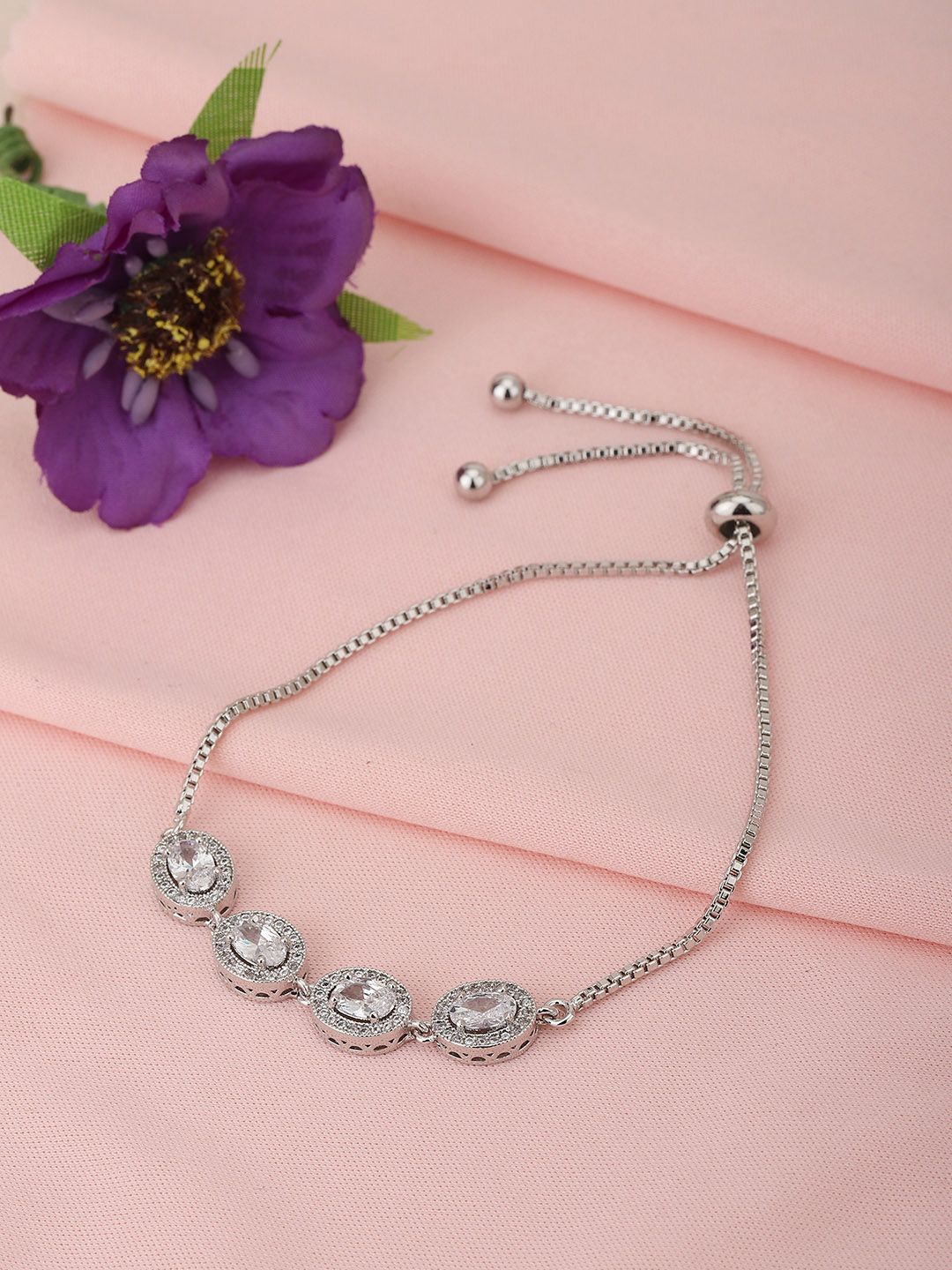 Carlton London Women Rhodium-Plated Silver-Toned Cubic Zirconia Handcrafted Link Bracelet Price in India