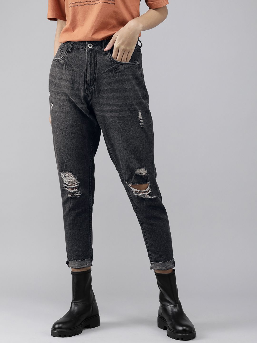 Roadster Women Grey  High  Distressed Ankle Length Jeans Price in India