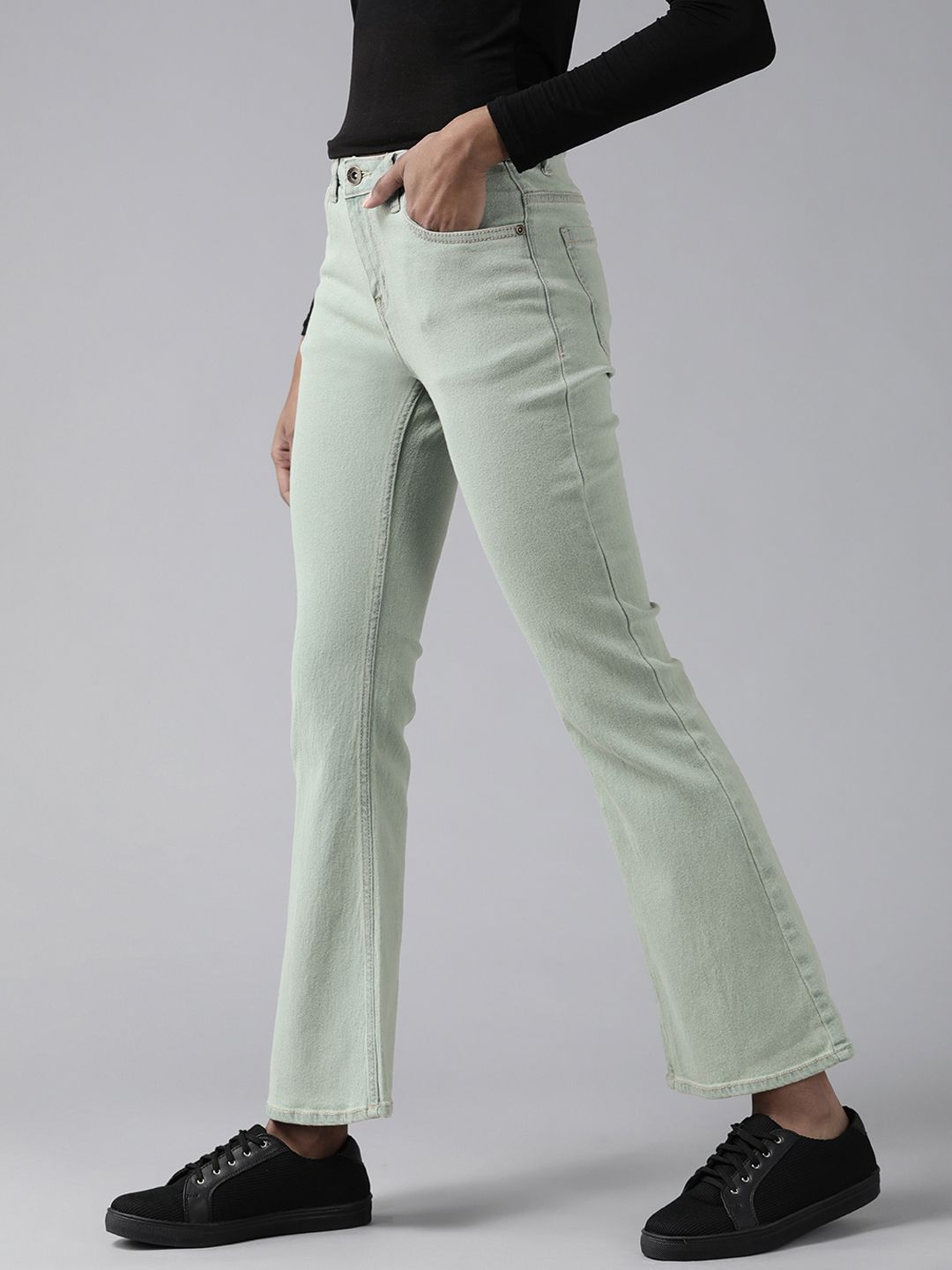 The Roadster Lifestyle Co Women Sage Green Flared High-Rise Stretchable Jeans Price in India