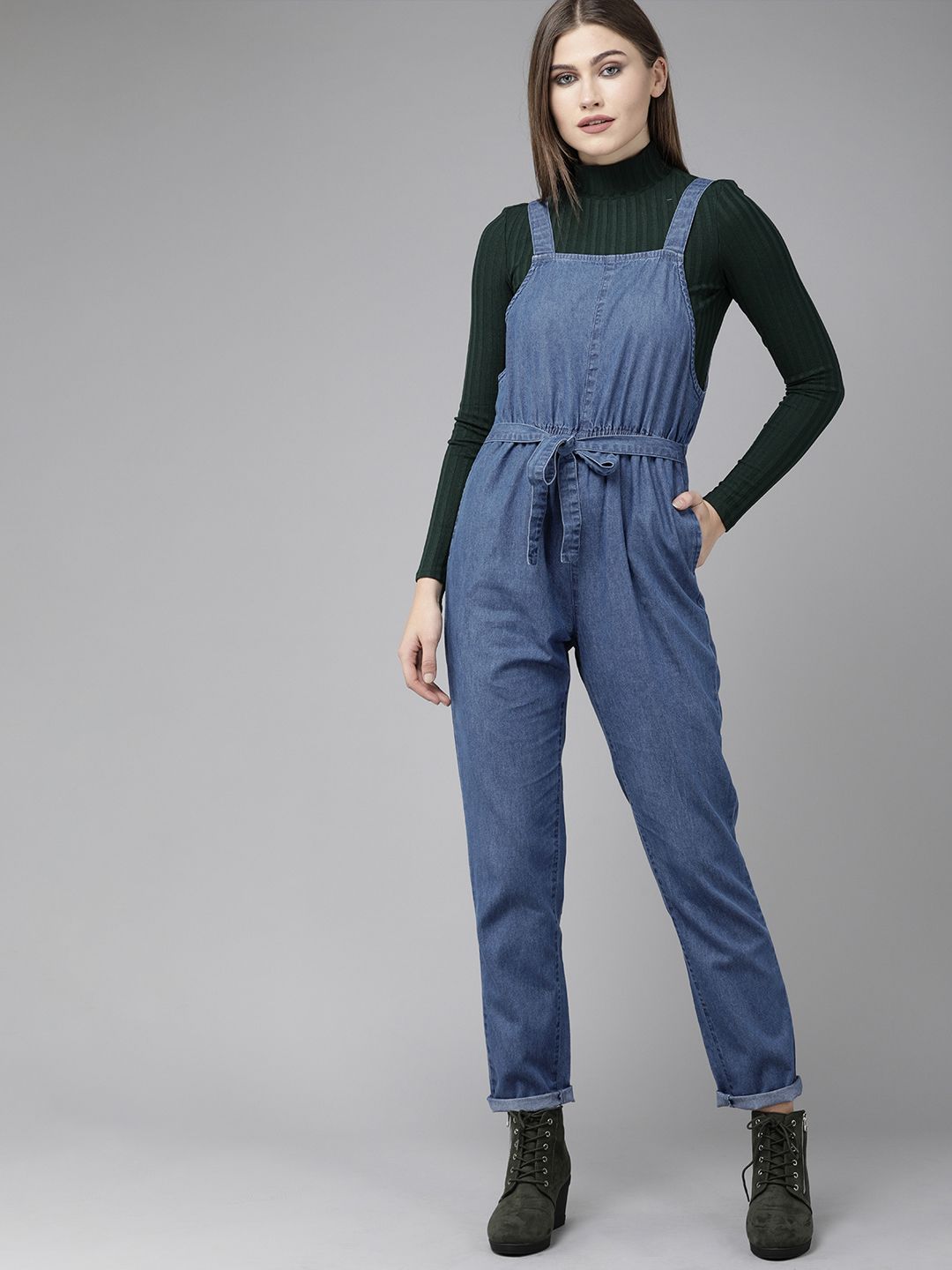 The Roadster Lifestyle Co Blue Waist Tie-Up Basic Denim Jumpsuit Price in India