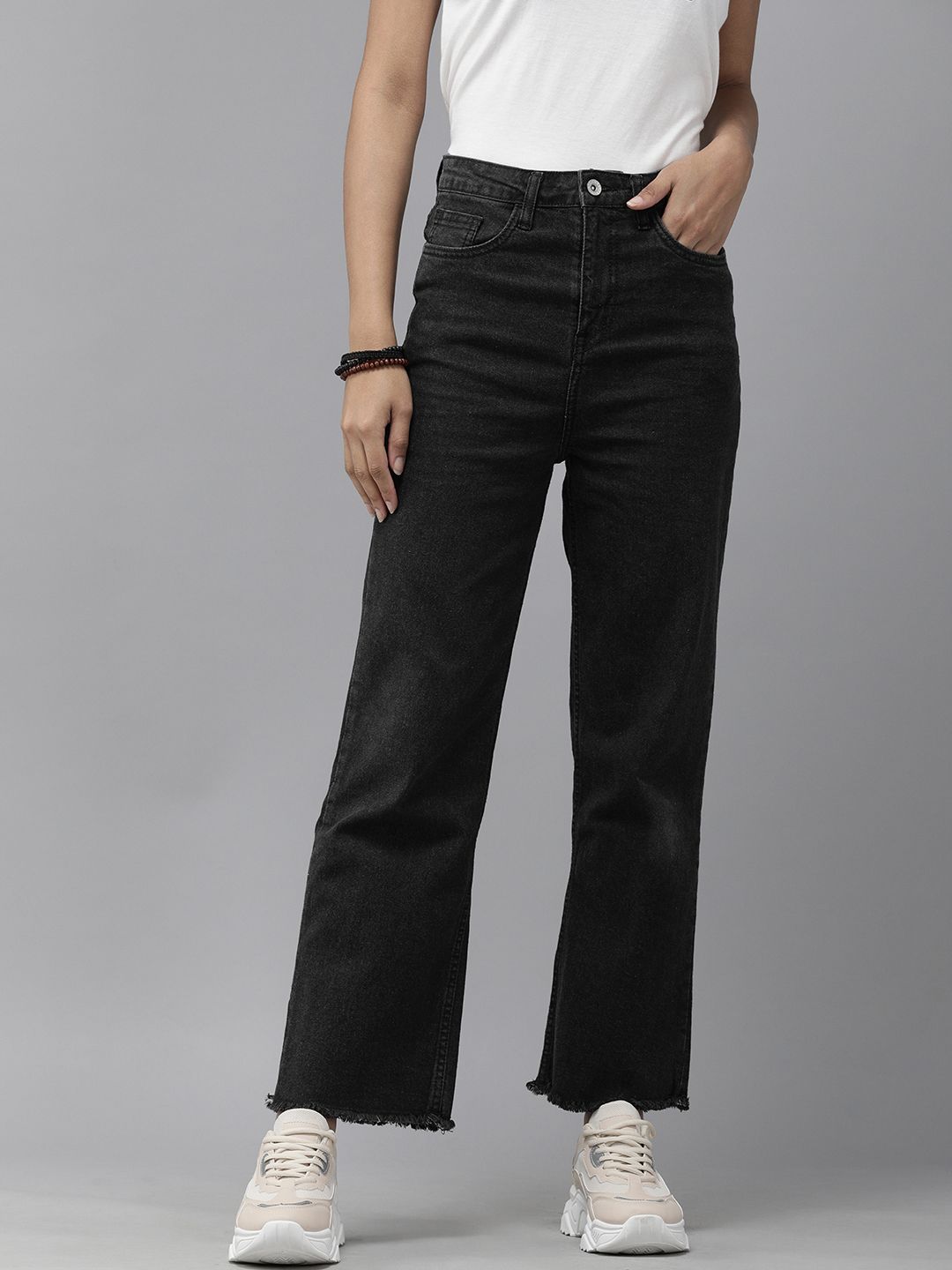 The Roadster Lifestyle Co Women Charcoal Grey Wide Leg High-Rise Stretchable Jeans Price in India