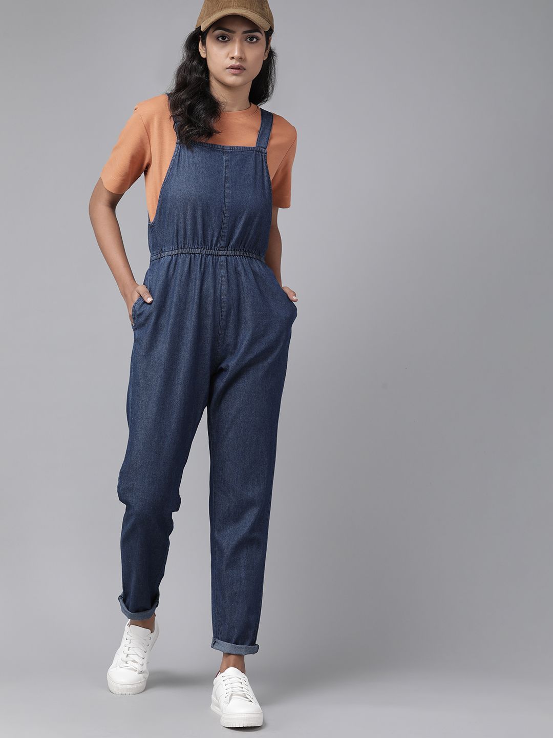 The Roadster Lifestyle Co Women Blue Pure Cotton Basic Belted Jumpsuit Price in India