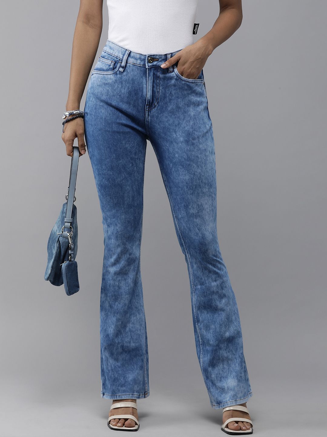 The Roadster Lifestyle Co. Women Blue Bootcut High-Rise  Acid Wash Stretchable Jeans Price in India