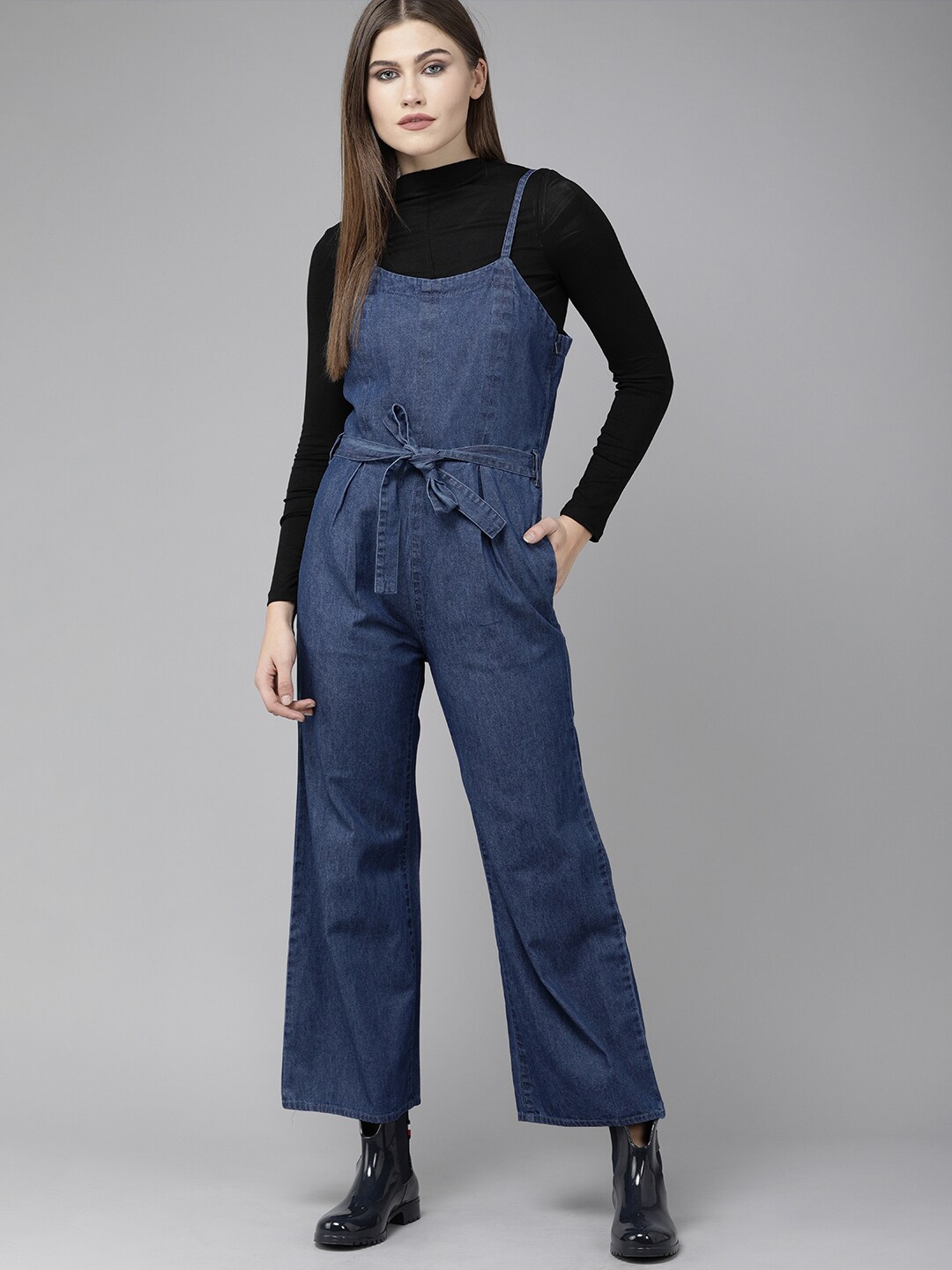 The Roadster Lifestyle Co Blue Waist Tie-Up Basic Denim Jumpsuit Price in India