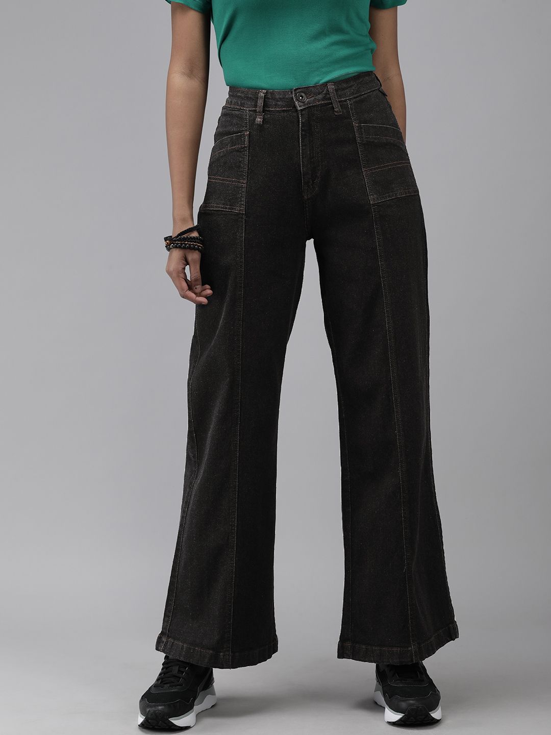 The Roadster Lifestyle Co Women Black Wide Leg High-Rise Light Fade Stretchable Jeans Price in India