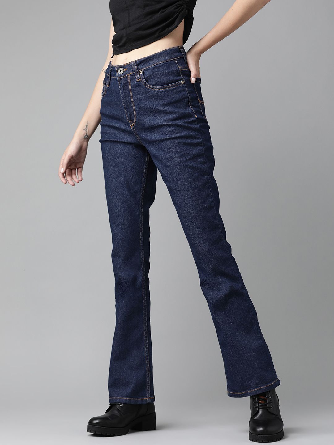 The Roadster Lifestyle Co Women Navy Blue Bootcut High-Rise Stretchable Jeans Price in India