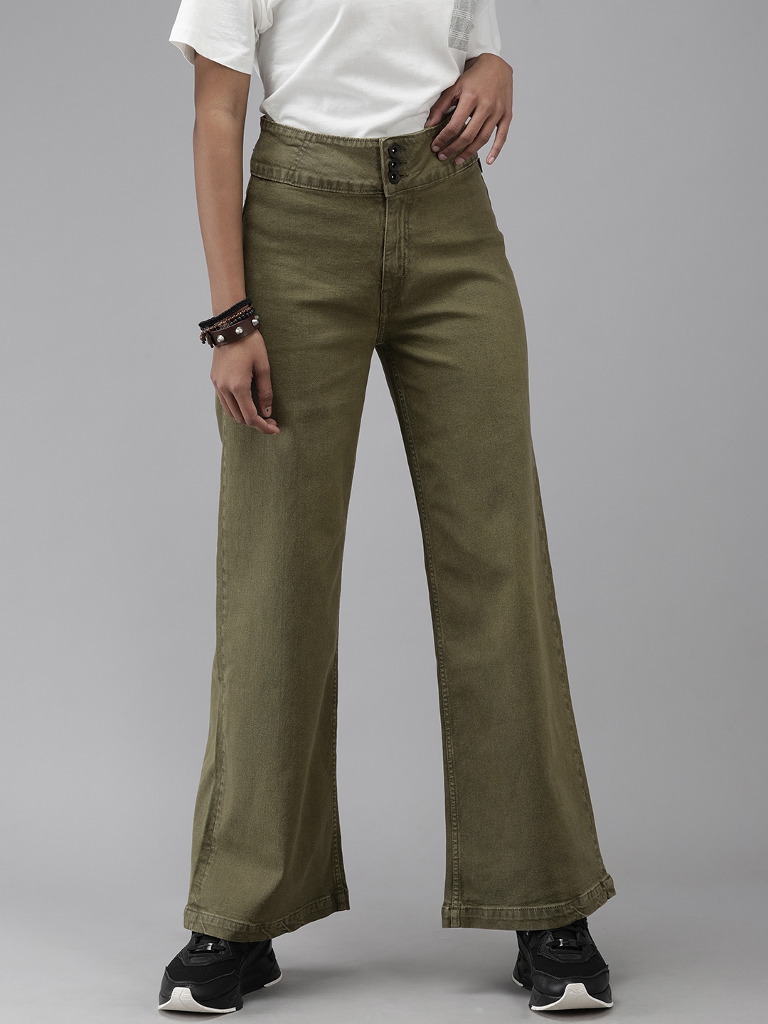 The Roadster Lifestyle Co Women Olive Green Wide Leg High-Rise Stretchable Jeans Price in India