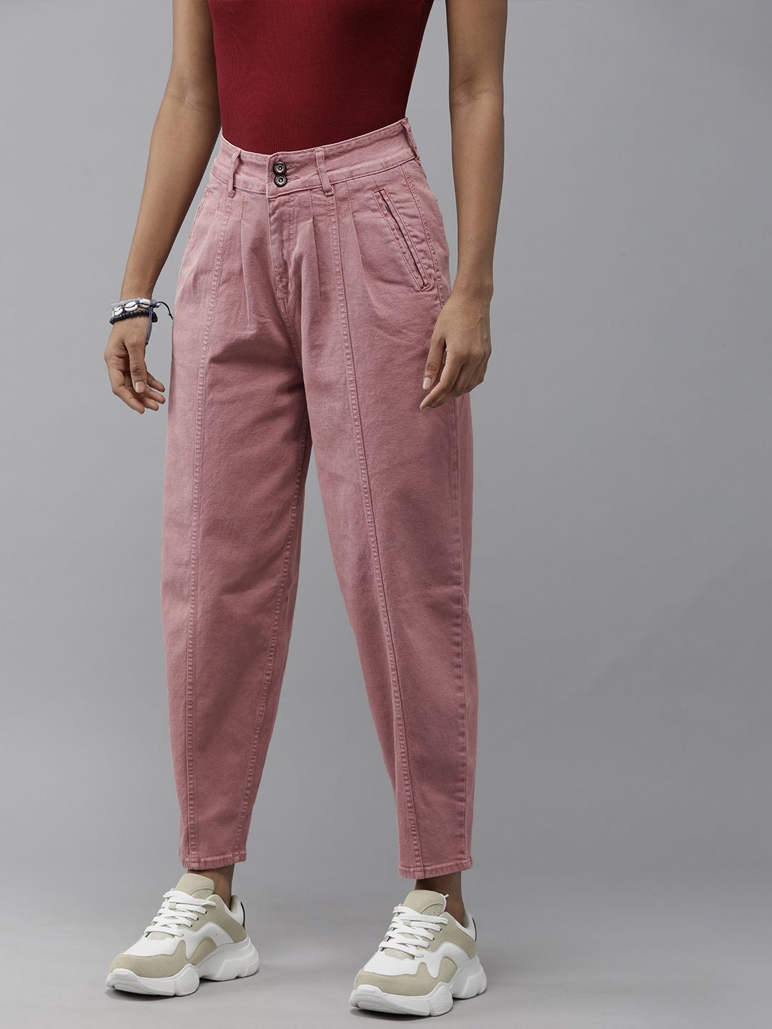 Women Rose Solid High-Rise Stretchable Slouchy Jogger Jeans Price in India
