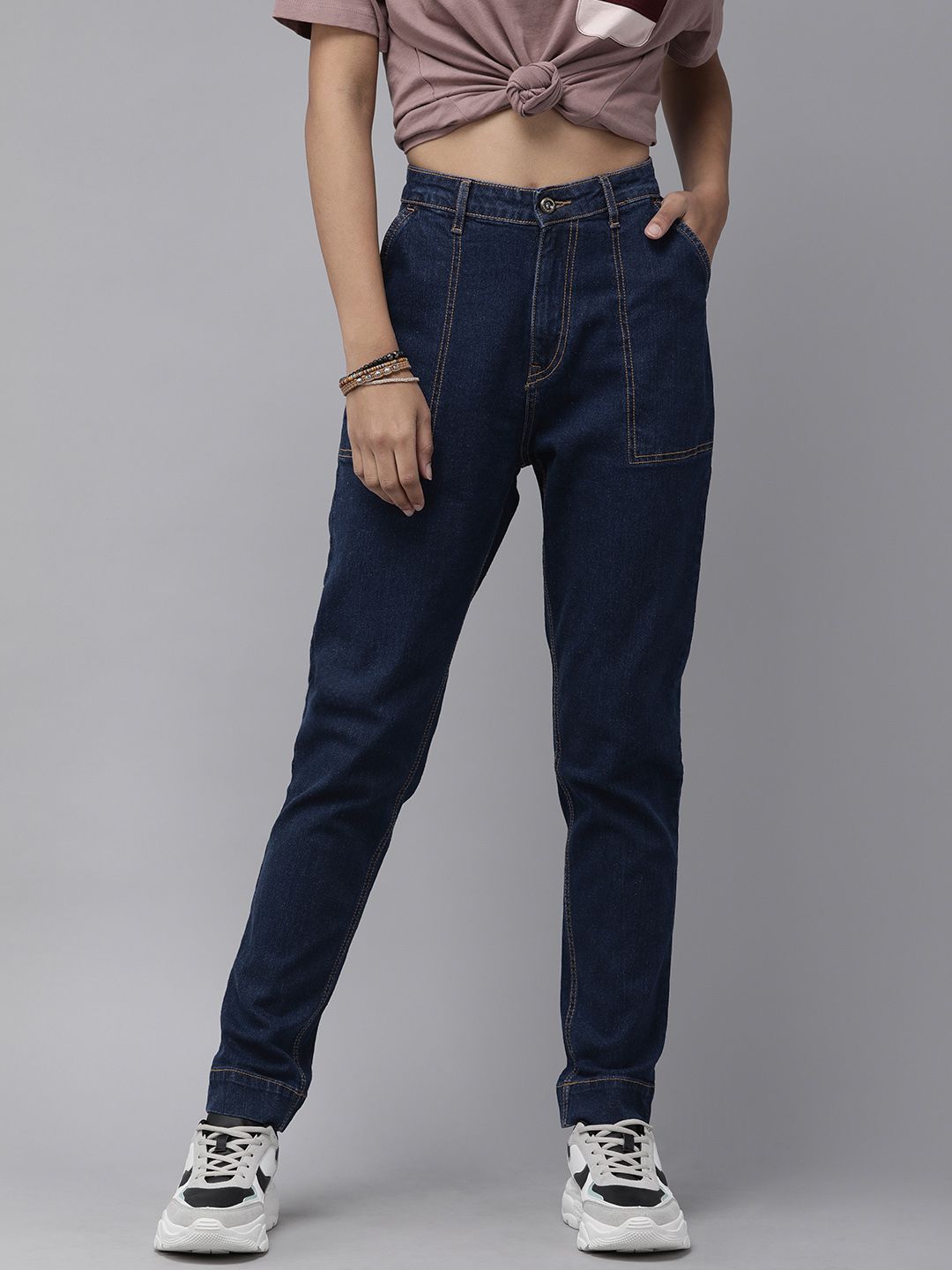 The Roadster Lifestyle Co Women Navy Blue Boyfriend Fit High-Rise Jeans Price in India