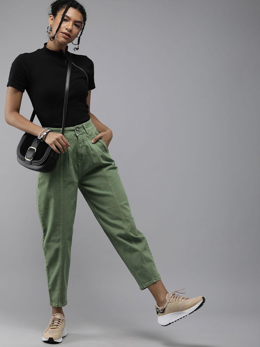 The Roadster Lifestyle Co. Women Olive Green High-Rise Slouchy Stretchable Jeans Price in India