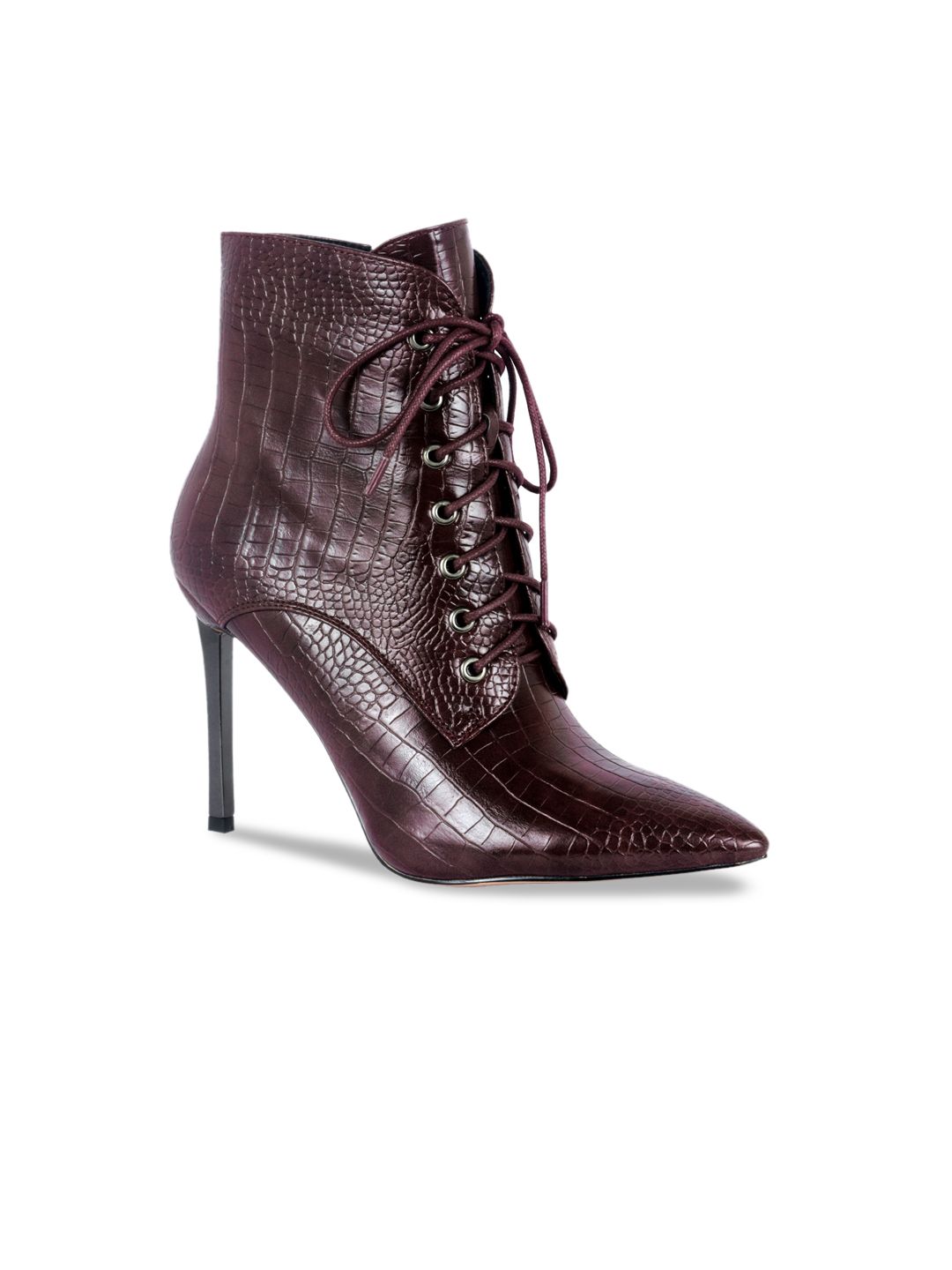 London Rag Burgundy Textured PU Party Stiletto Heeled Boots Price in India
