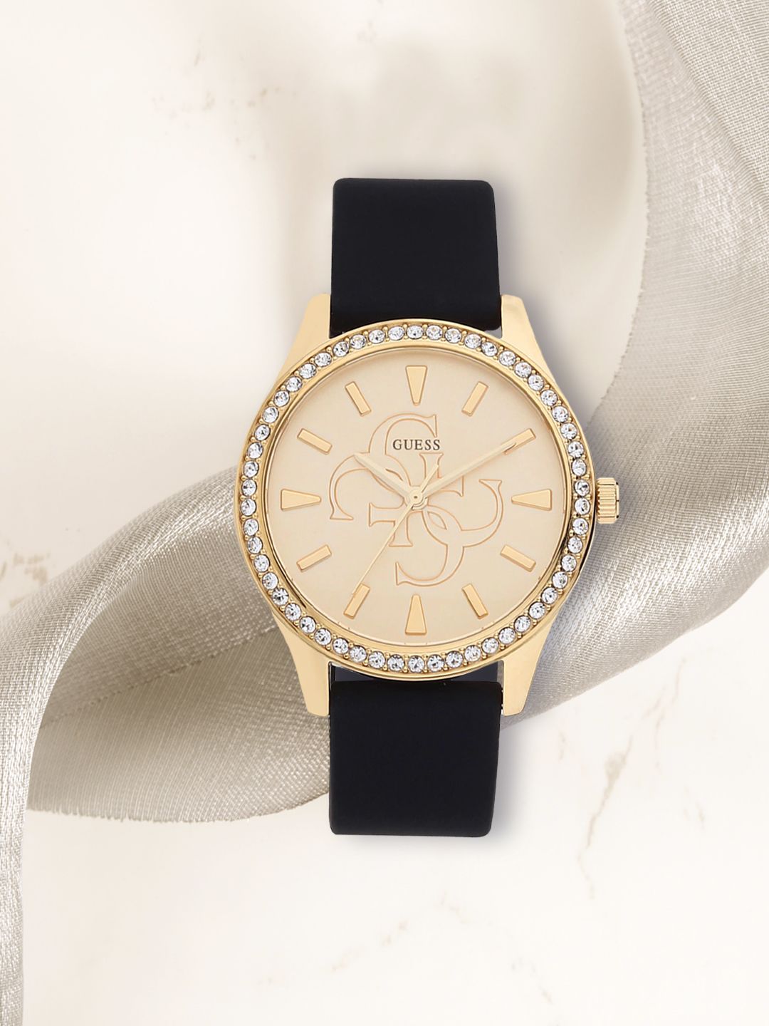 GUESS Women Gold-Toned Embellished Dial & Black Straps Analogue Watch GW0359L1 Price in India