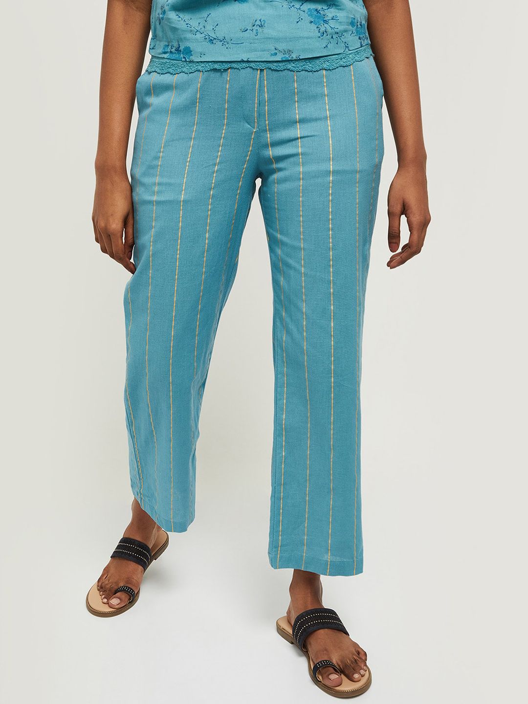 max Women Blue Striped Parallel Trousers Price in India