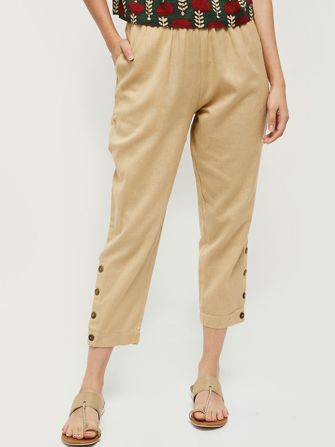 max Women Beige Cotton Trousers Price in India