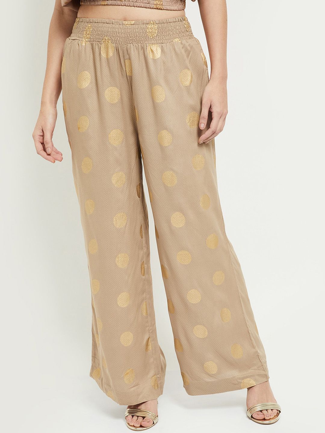 max Women Beige Ethnic Motifs Printed Pleated Parallel Trousers Price in India