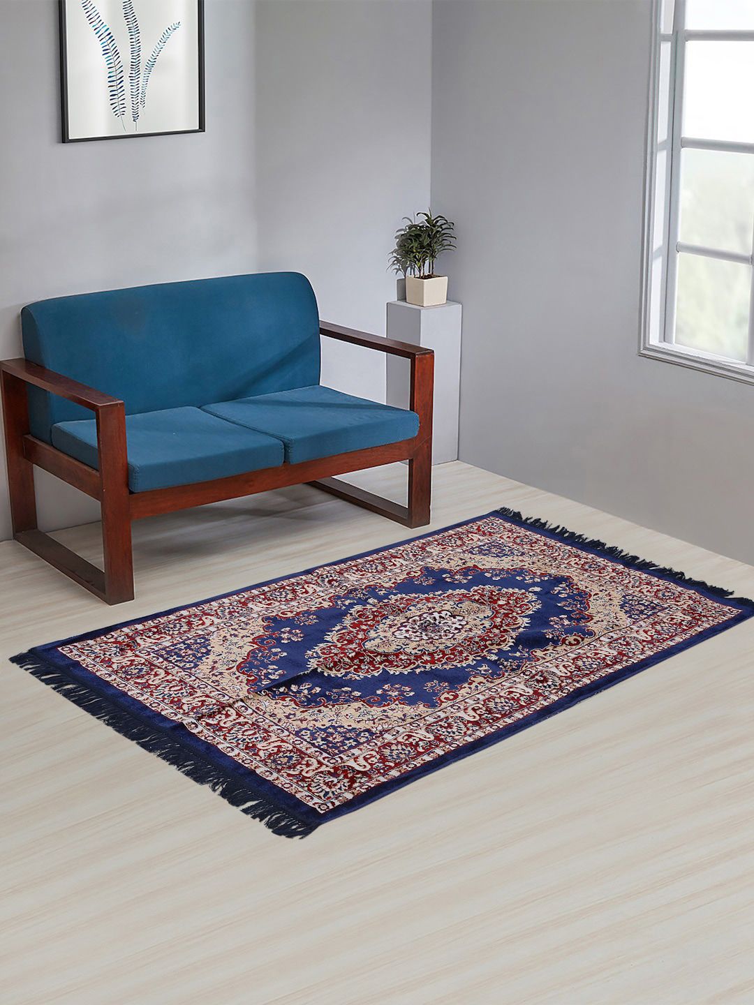 KLOTTHE Navy Blue & Maroon Ethnic Motifs Handmade Cotton Traditional Carpet Price in India