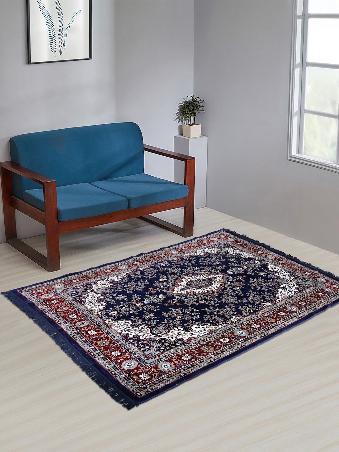 KLOTTHE Blue Floral Patterned Handmade Carpet Price in India