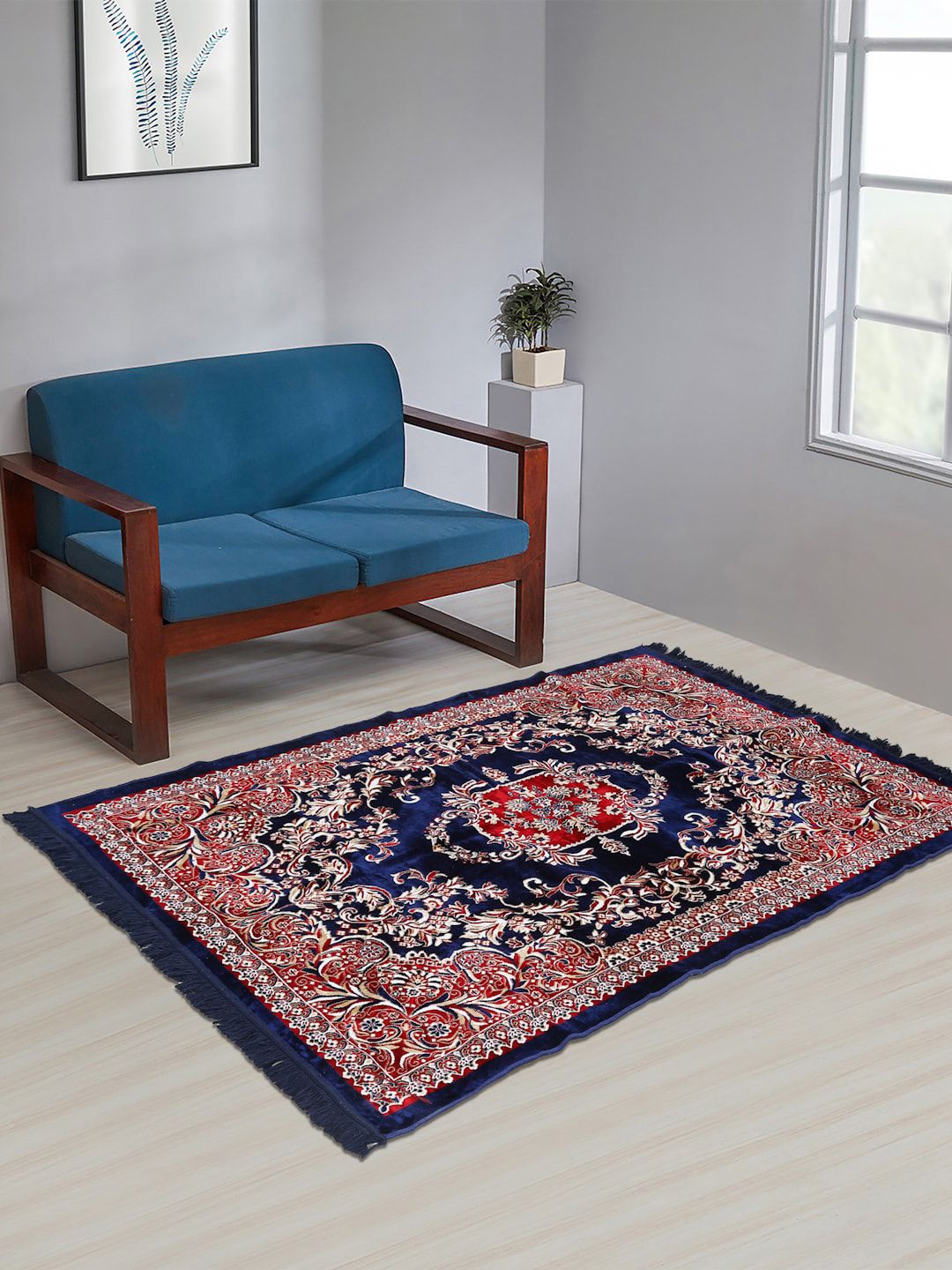 KLOTTHE Blue & Maroon Floral Printed Handmade Cotton Traditional Carpet Price in India