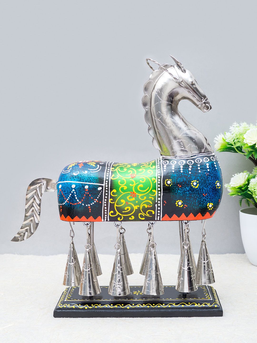 Golden Peacock Navy Blue & Silver-Toned Horse With Bell Showpiece Price in India