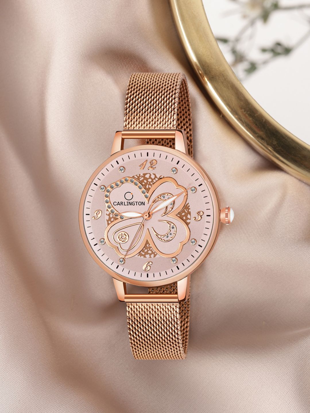 CARLINGTON Women Pink Embellished Dial & Rose Gold Toned Stainless Steel Bracelet Style Straps Analogue Watch Price in India