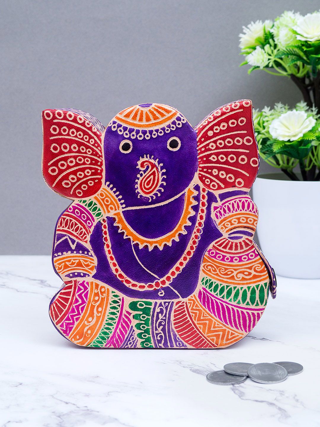 Golden Peacock Multicoloured Handcrafted Ganesha-Shaped Pure Leather Piggy Bank Showpiece Price in India