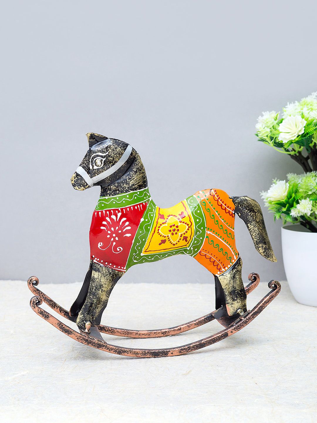 Golden Peacock Red & Green Rocking Horse Metal Showpiece Price in India