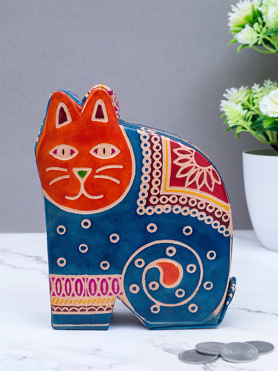 Golden Peacock Hand Made Leather Cat Shape Coin Box Price in India