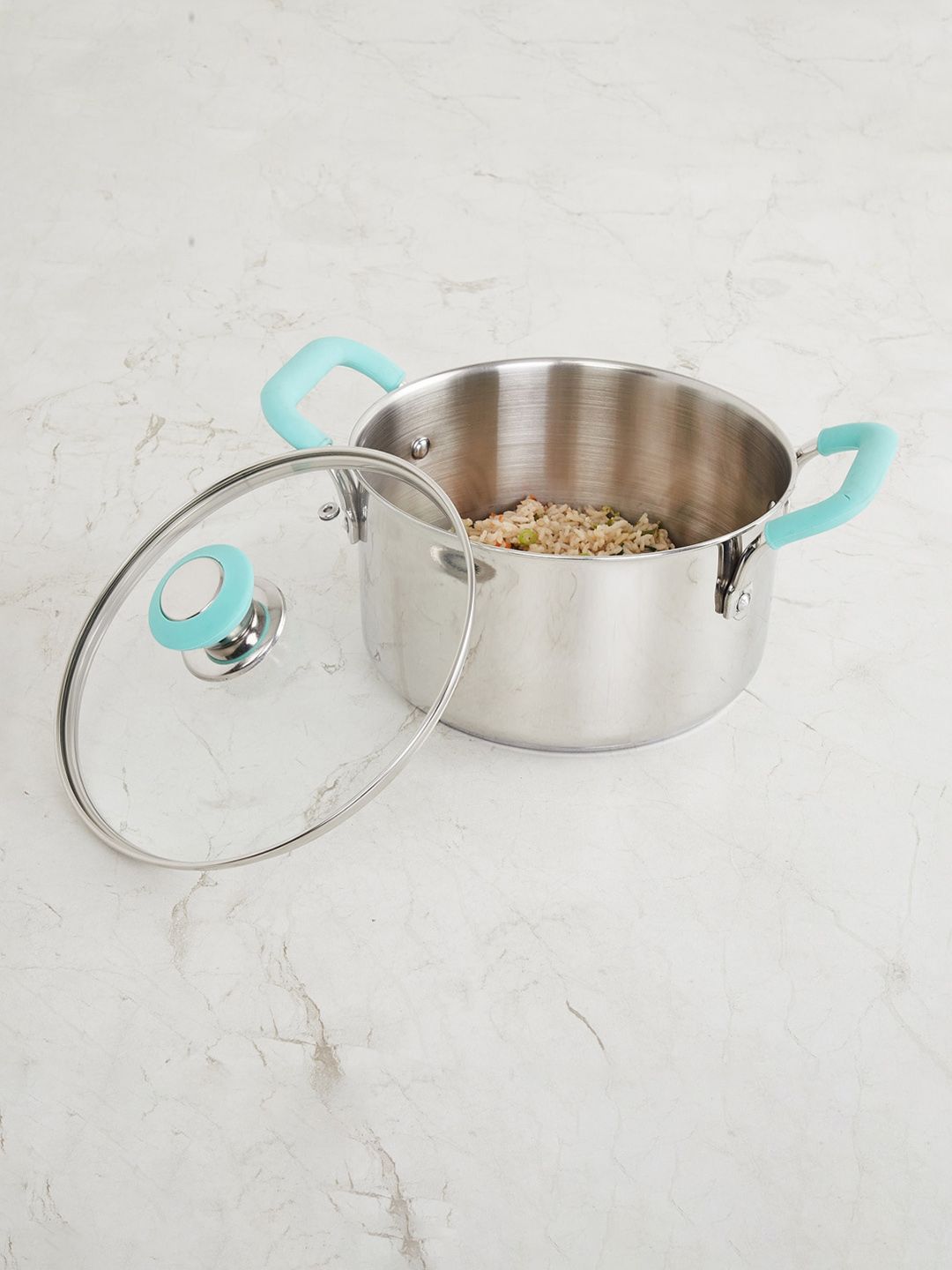 Home Centre Teal-Blue & Silver-Toned Stainless Steel Casserole With Lid Price in India