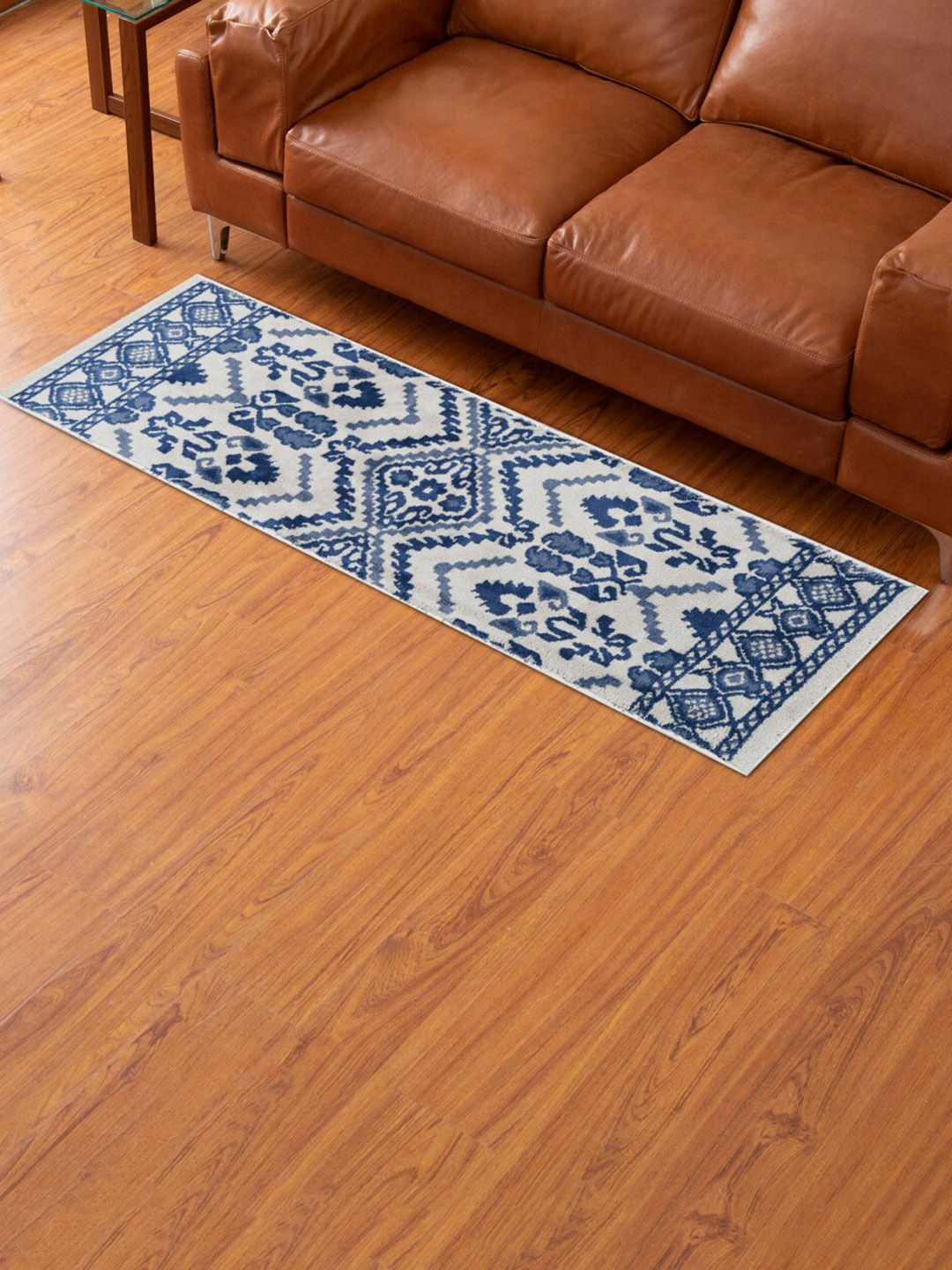 Home Center Savanna Blue & White Geometric Anti Skid Textured Polyester Runner Carpet Price in India