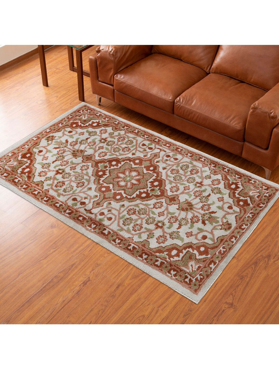 Home Centre White & Brown Woven Textured Carpet Price in India