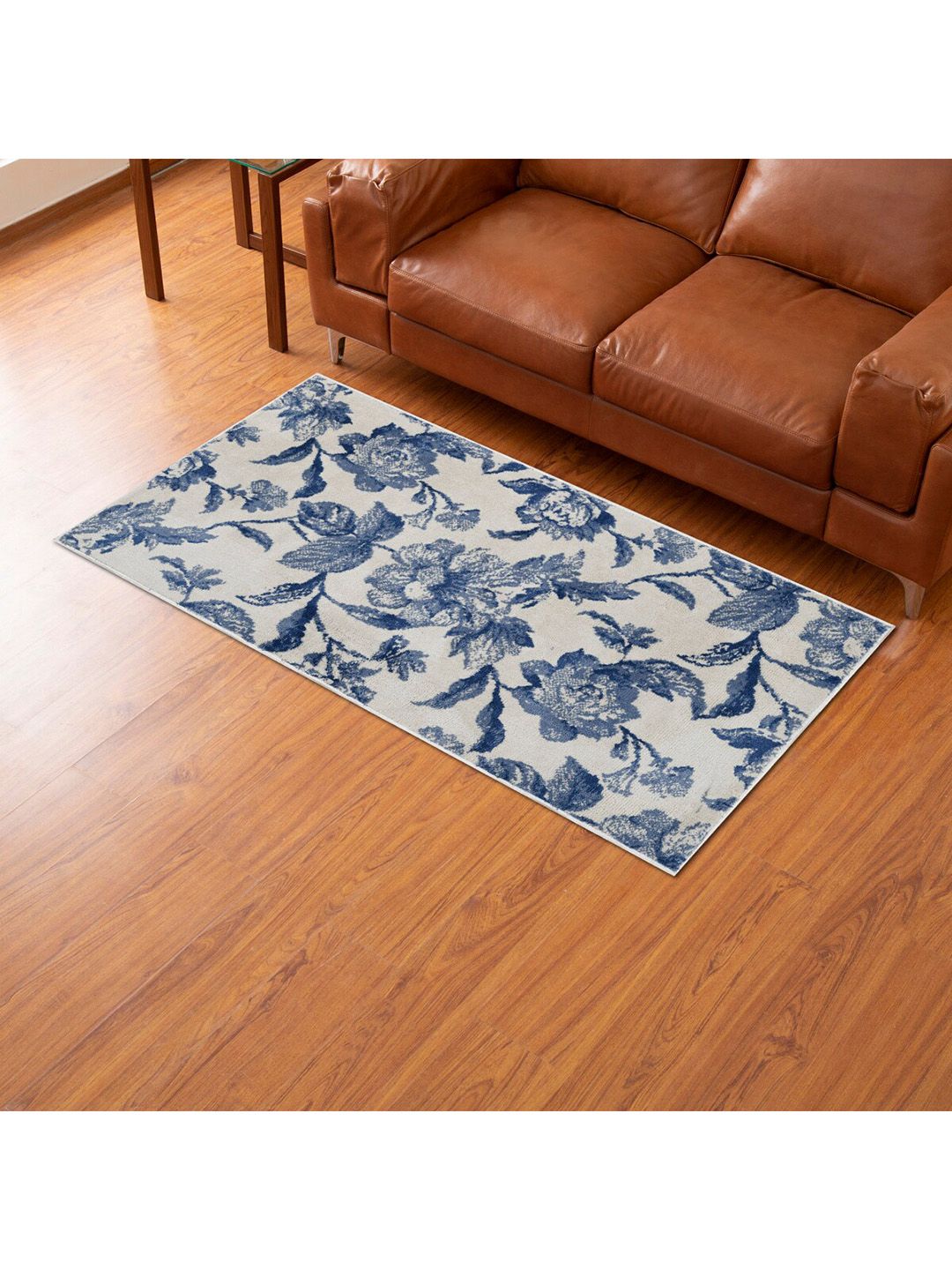 Home Centre Savanna Blue Floral Woven Textured Polyester Carpet - 90x150cm Price in India