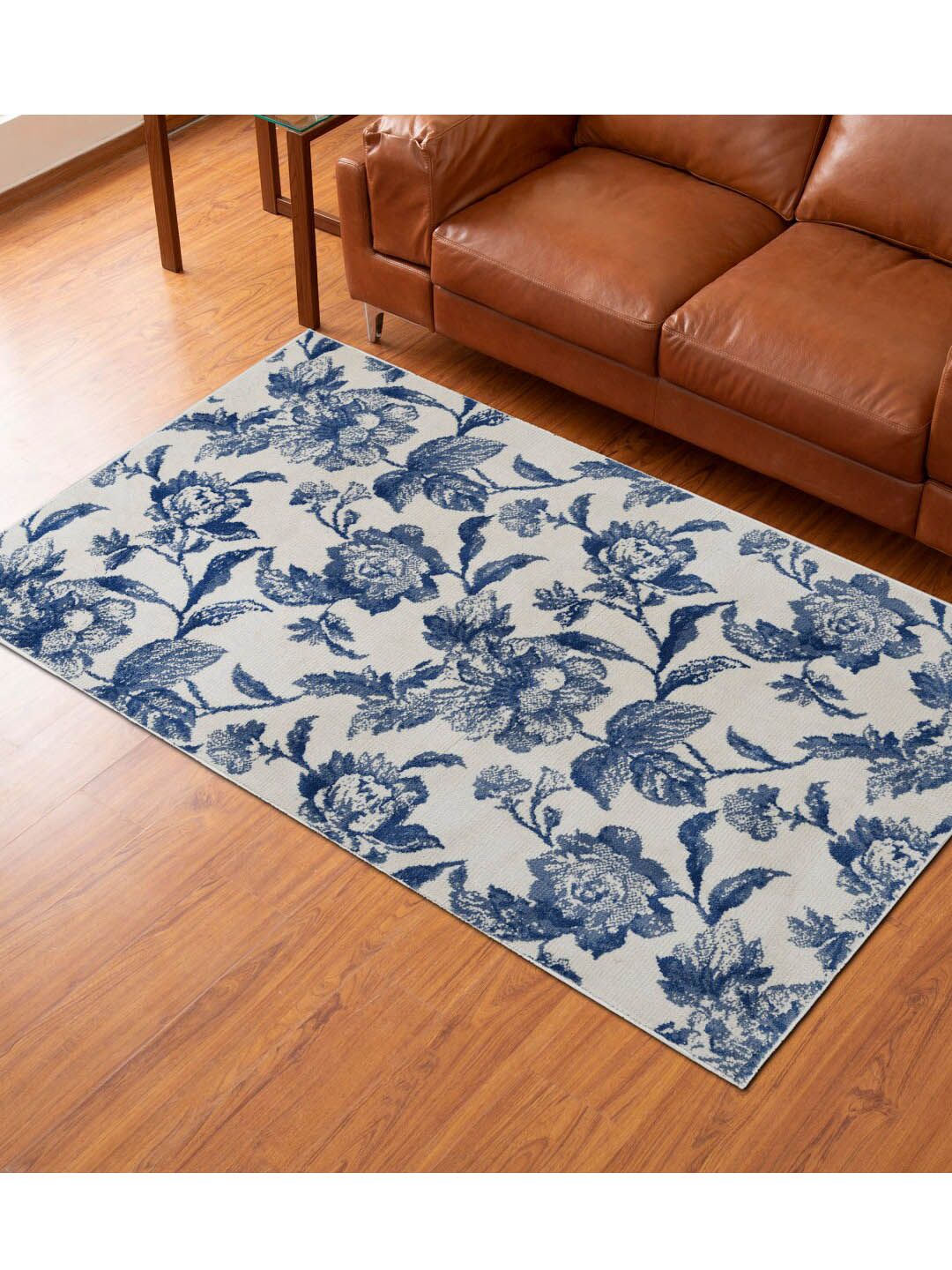 Home Centre Blue & Off-White Floral Woven Carpet Price in India