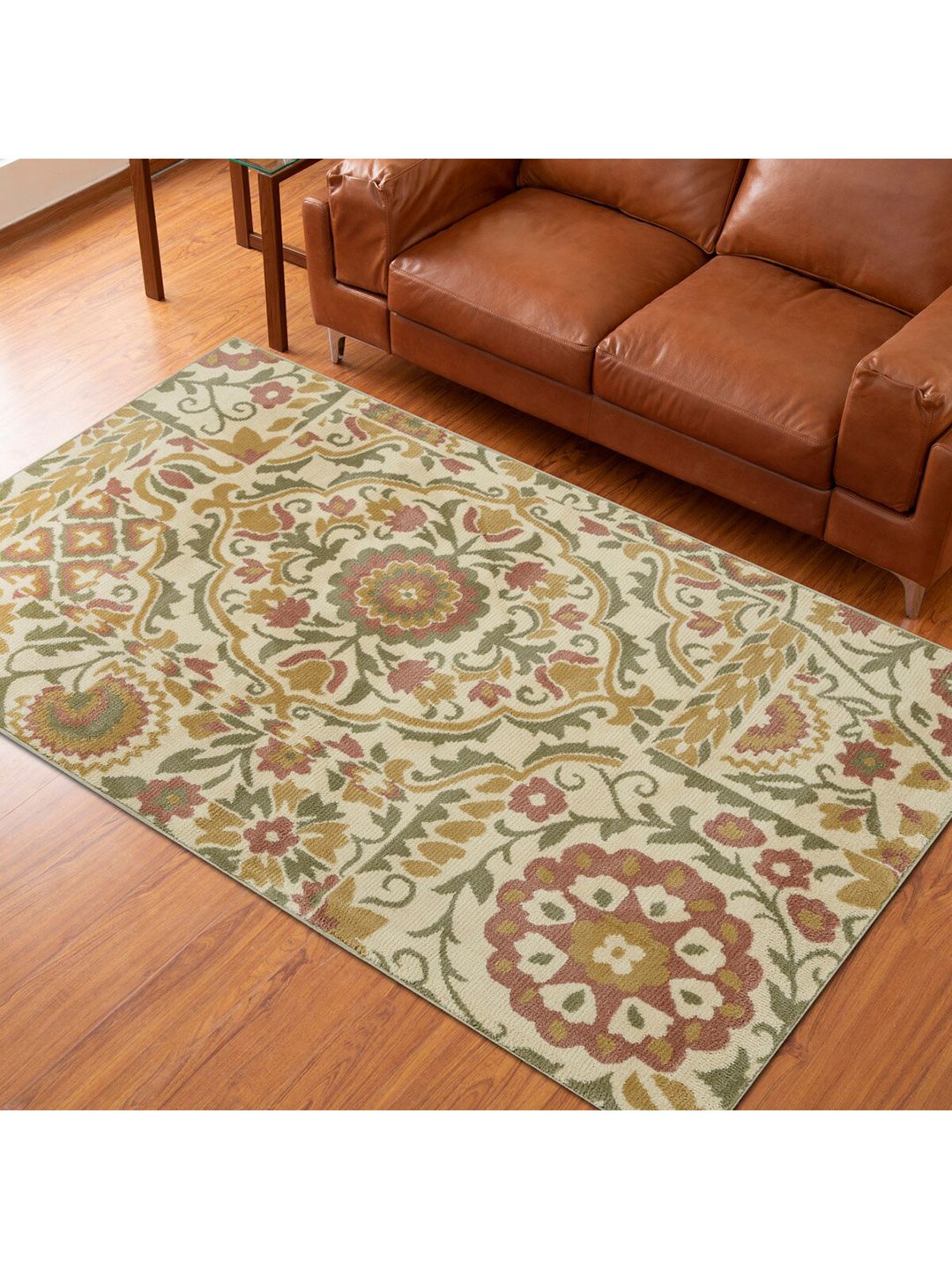 Home Centre Beige & Green Printed Anti-Skid Carpet Price in India