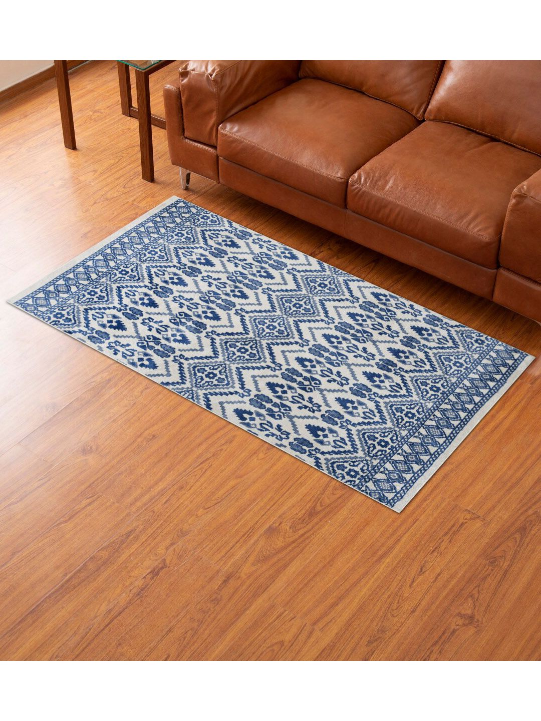 Home Centre Blue & Off-White Ethnic Motifs Woven Polyester  Carpet Price in India