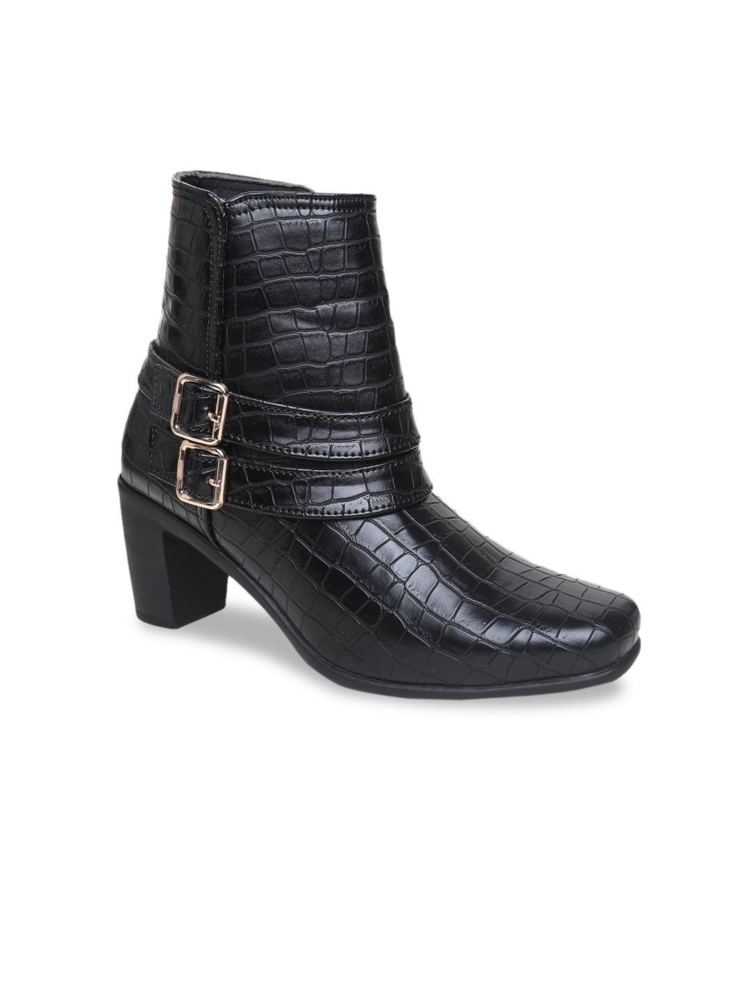 VALIOSAA Black Textured Block Heeled Boots Price in India