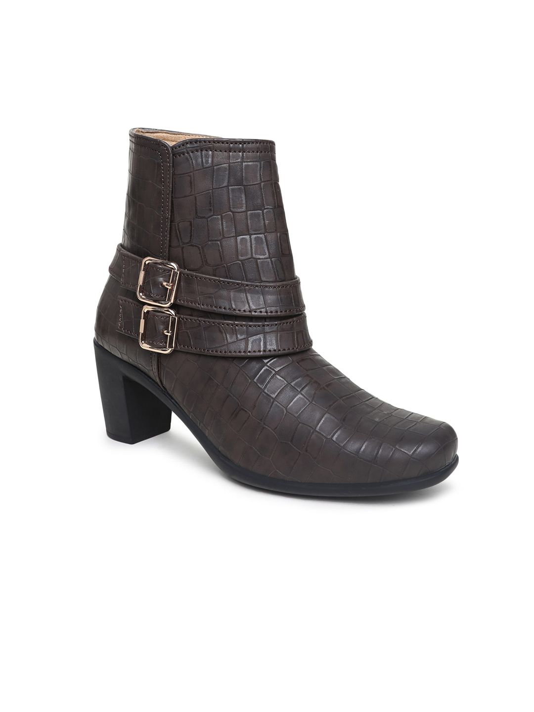 VALIOSAA Brown Textured Block Heeled Boots with Buckles Price in India