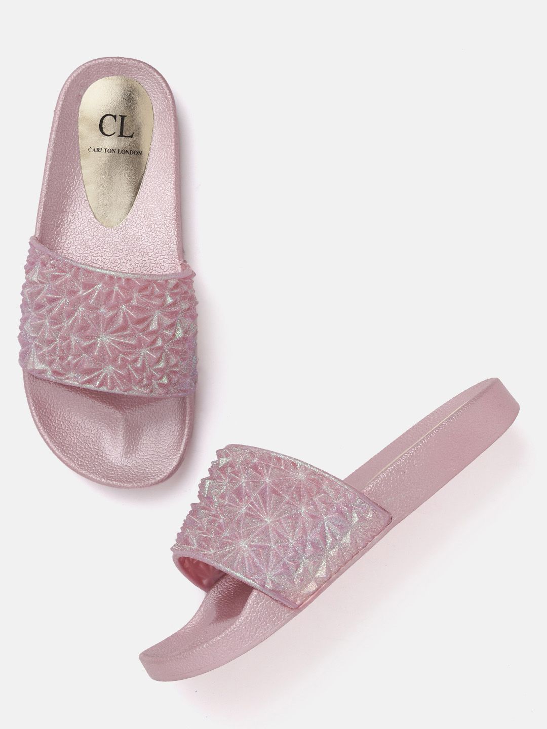 Carlton London Women Pink Textured Shimmer Open Toe Flats Price in India
