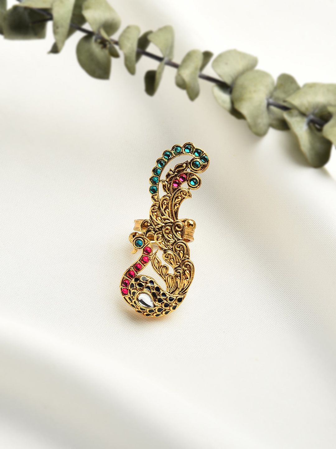 Zaveri Pearls Gold-Plated & Green Kundan Stone Studded Handcrafted Finger Ring Price in India