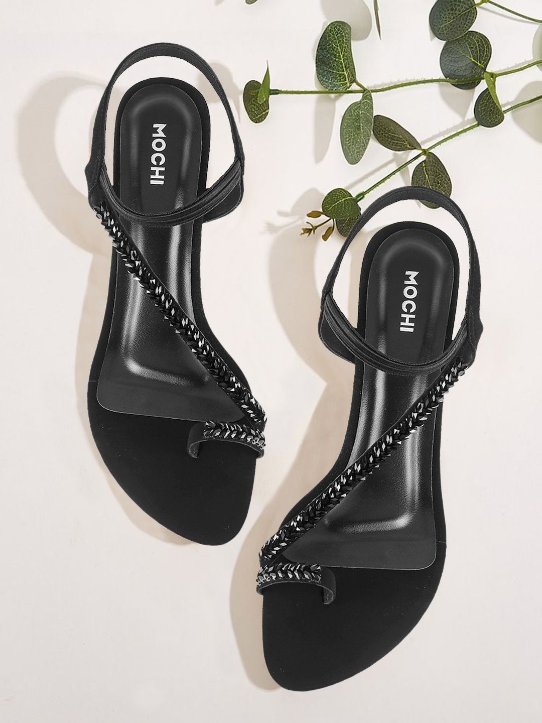 Mochi Black Embellished Kitten Sandals Price in India