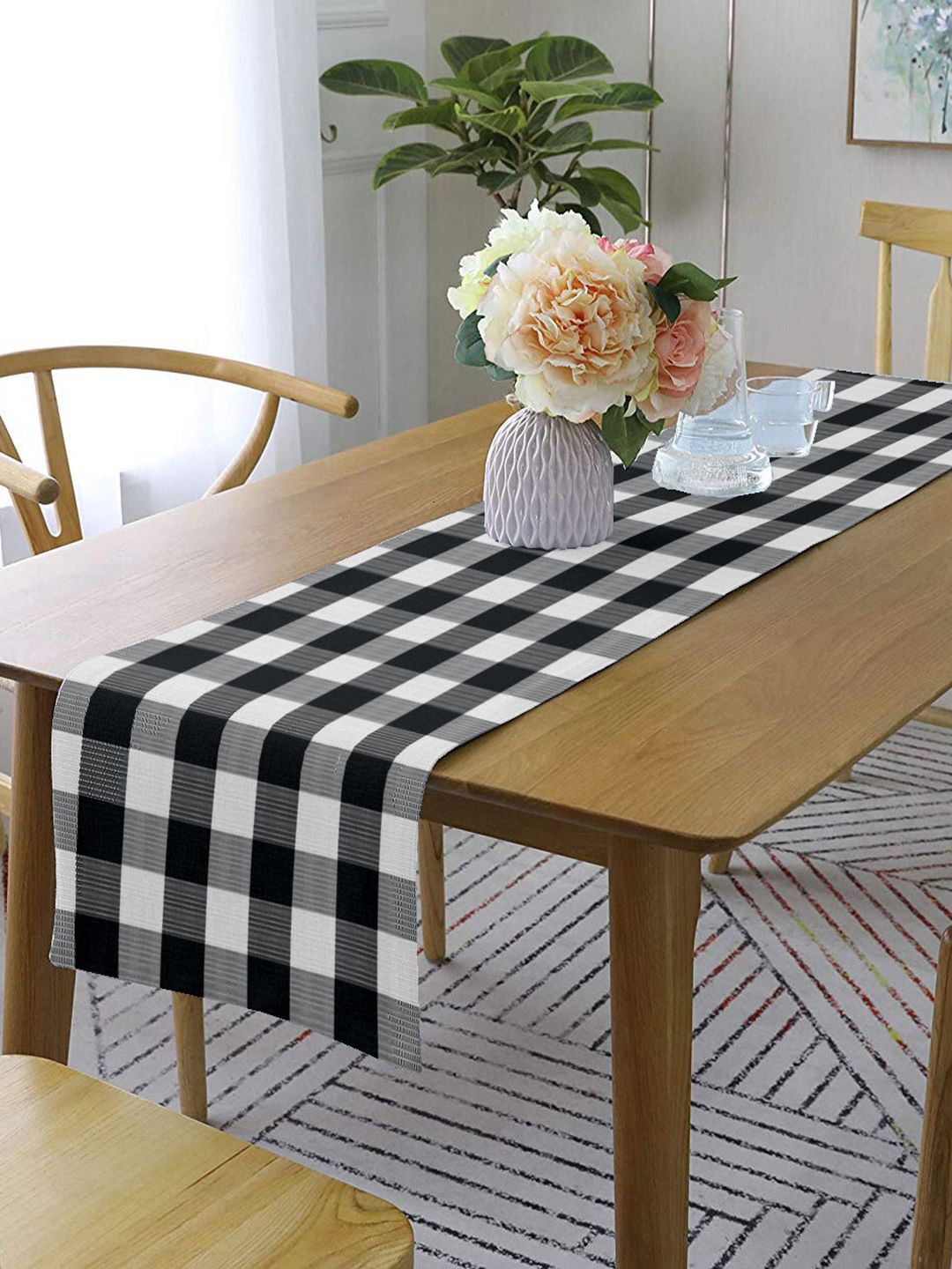 Lushomes Black Checked Ribbed Cotton Table Runner 33 x 183 cms Price in India