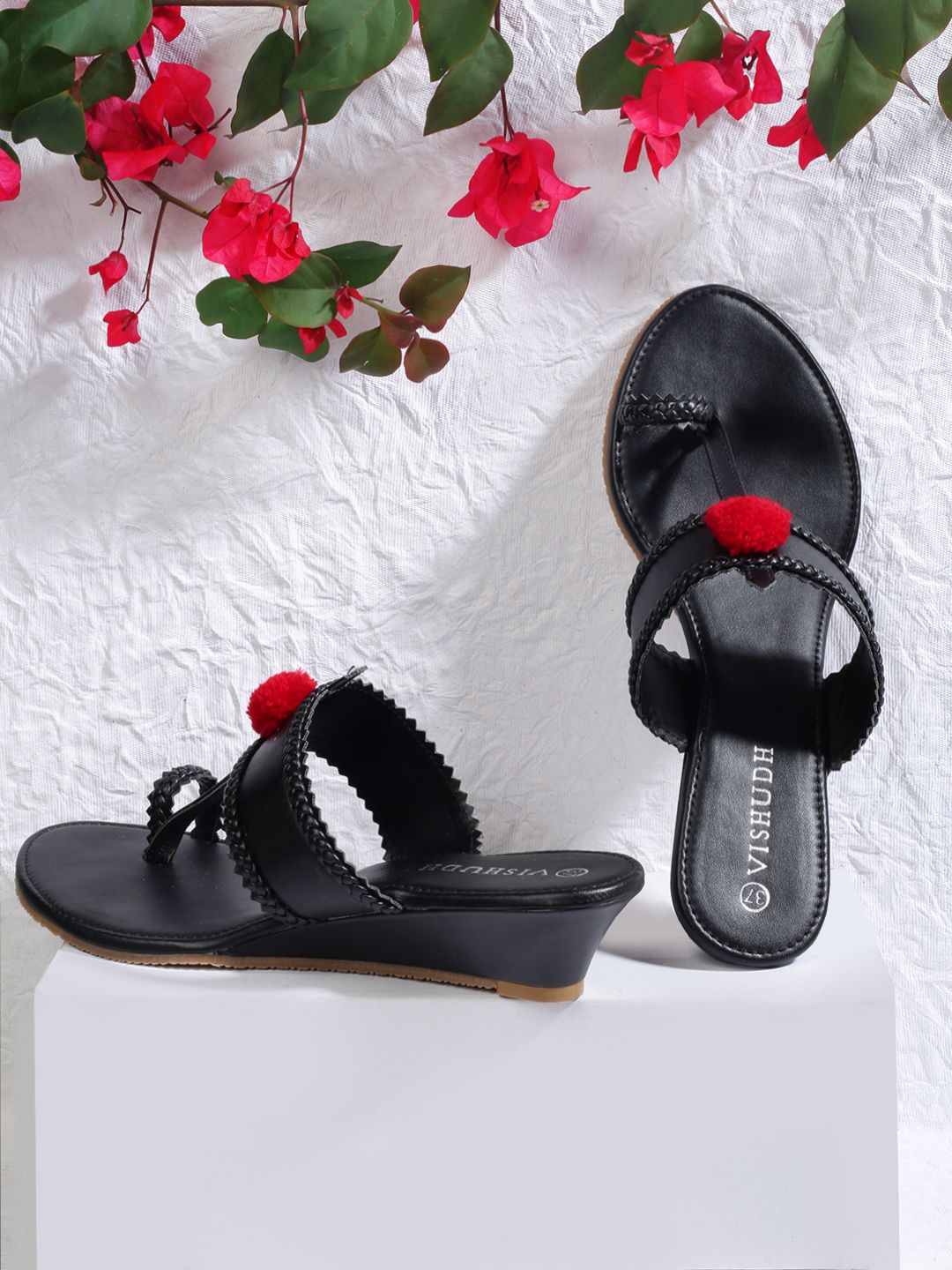 Vishudh Woman Black & Red Pom-Pom Detail Open Toe Wedges Price in India