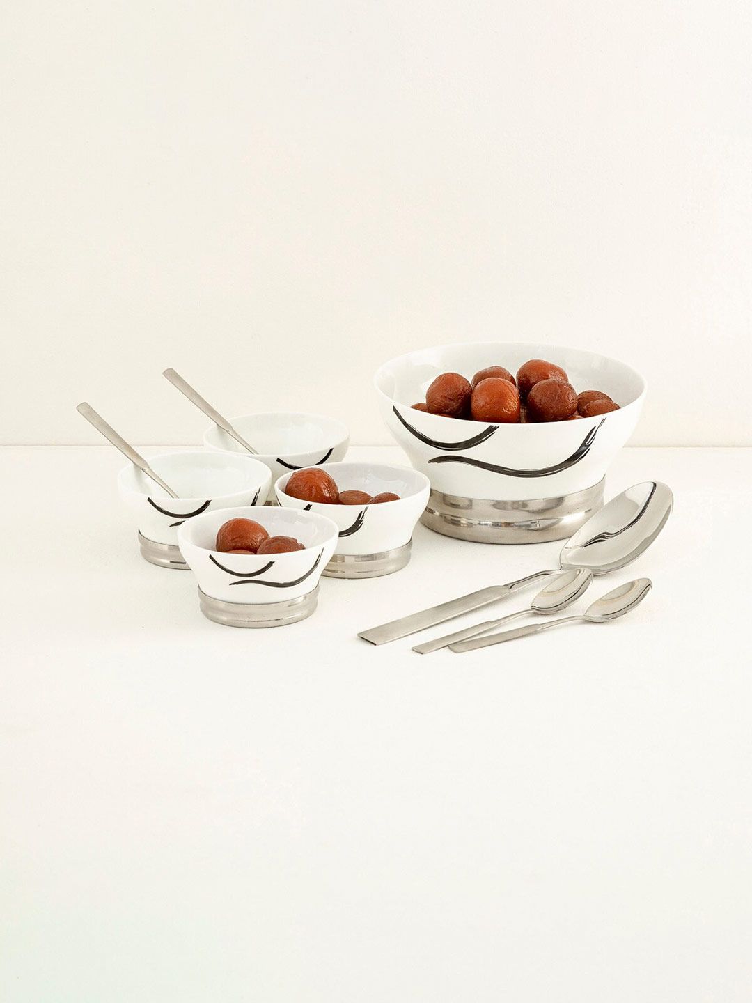 Home Centre White & Black 10 Pieces Printed Ceramic Glossy Bowls With Spoon Set Price in India